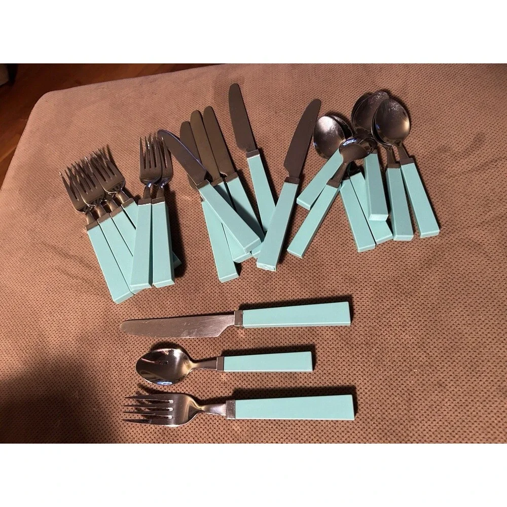 Vintage Aqua Blue Handle Stainless Steel Set 22 Retro Flatware Spoon Fork Knife